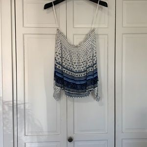 Off the shoulder blue & white paisley top